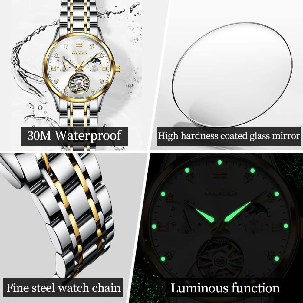 Women's Automatic Watch digest literature script embrace systematic dynamical Luxury Diamond Self Winding Dress Wrist Watch Moon Phase Stainless Steel Waterproof Luminous Blue dial ?? OLEVS 
