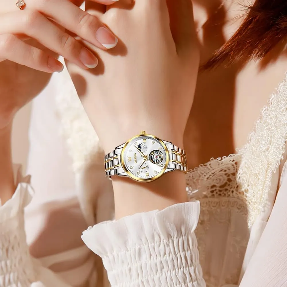 Women's Automatic Watch digest literature script embrace systematic dynamical Luxury Diamond Self Winding Dress Wrist Watch Moon Phase Stainless Steel Waterproof Luminous Blue dial ?? OLEVS 
