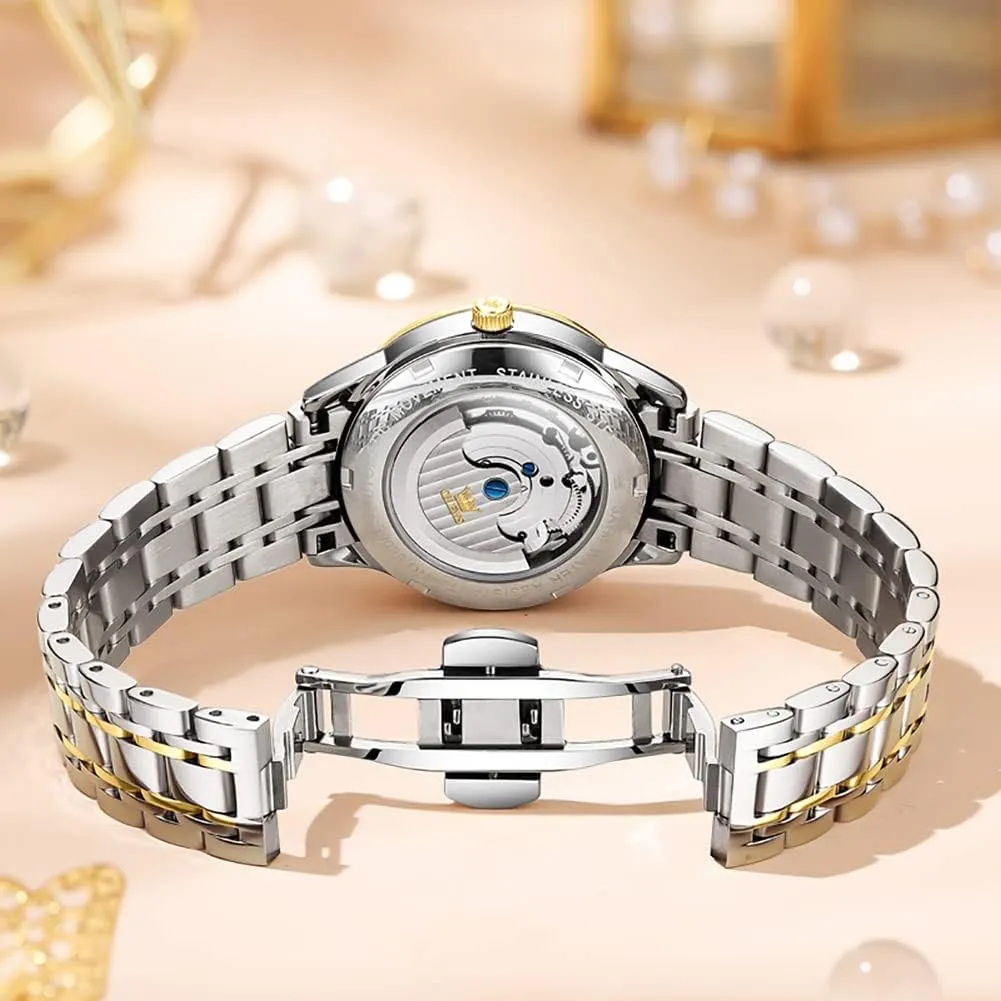 Women's Automatic Watch digest literature script embrace systematic dynamical Luxury Diamond Self Winding Dress Wrist Watch Moon Phase Stainless Steel Waterproof Luminous Blue dial ?? OLEVS 