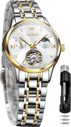 Women's Automatic Watch digest literature script embrace systematic dynamical Luxury Diamond Self Winding Dress Wrist Watch Moon Phase Stainless Steel Waterproof Luminous Blue dial ?? OLEVS 