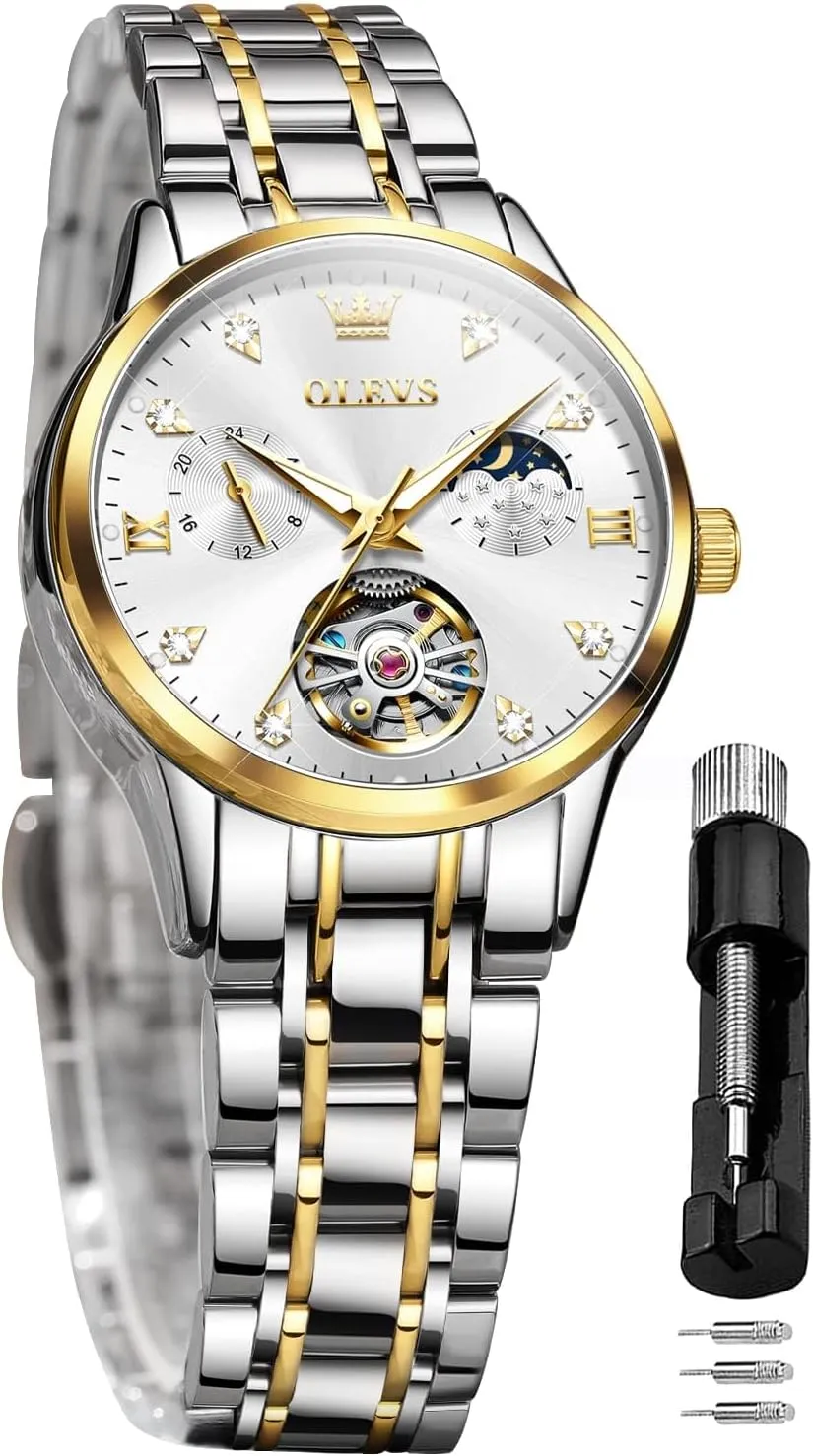 Women's Automatic Watch digest literature script embrace systematic dynamical Luxury Diamond Self Winding Dress Wrist Watch Moon Phase Stainless Steel Waterproof Luminous Blue dial ?? OLEVS 