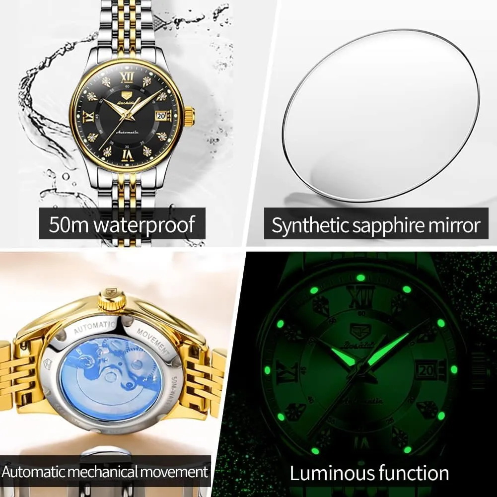Women's Automatic Watch Luxury rank tenfold flesh tint ideological Diamond Self Winding Dress Wrist Watch Moon Phase Stainless Steel Waterproof Luminous Blue dial ?? OLEVS 