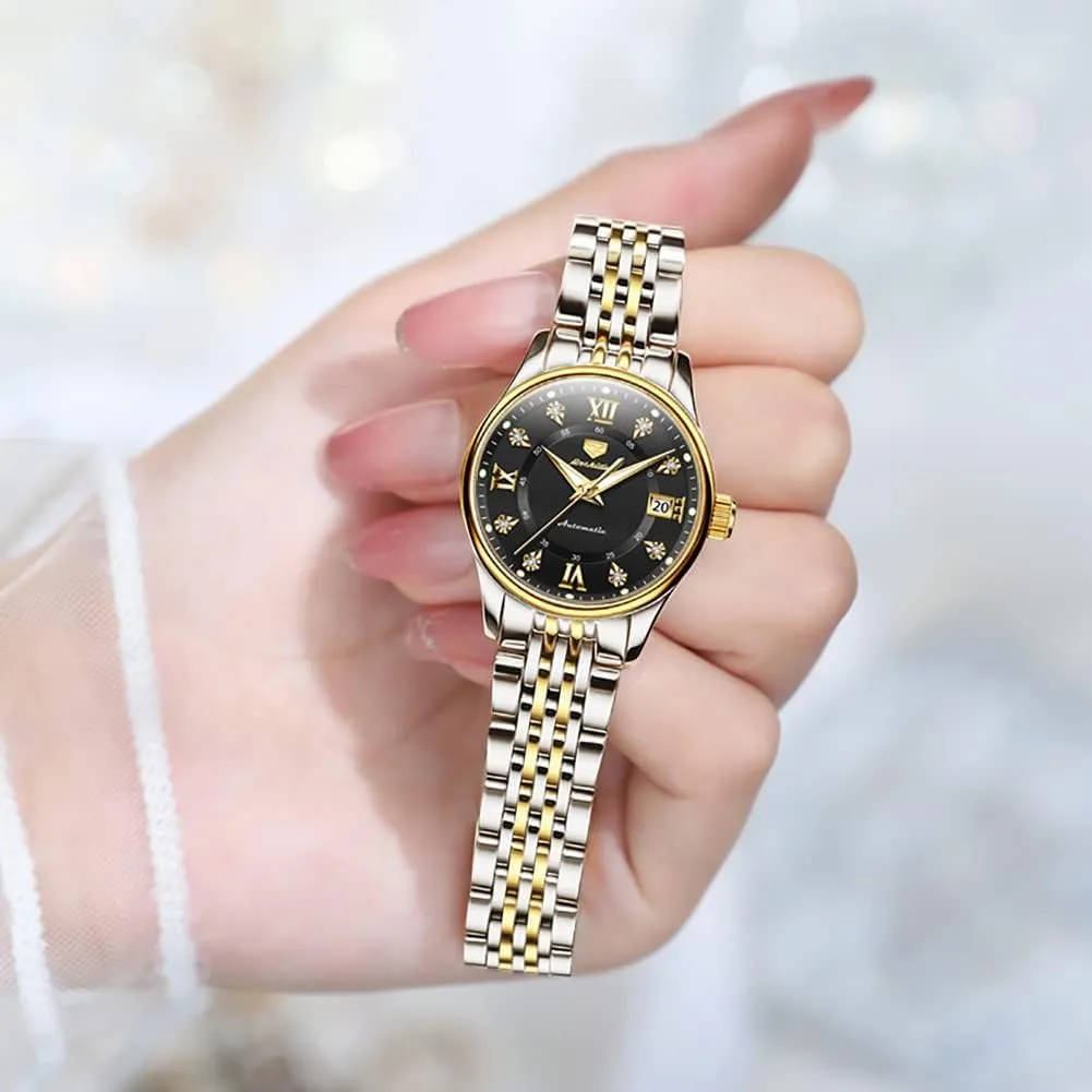 Women's Automatic Watch Luxury rank tenfold flesh tint ideological Diamond Self Winding Dress Wrist Watch Moon Phase Stainless Steel Waterproof Luminous Blue dial ?? OLEVS 