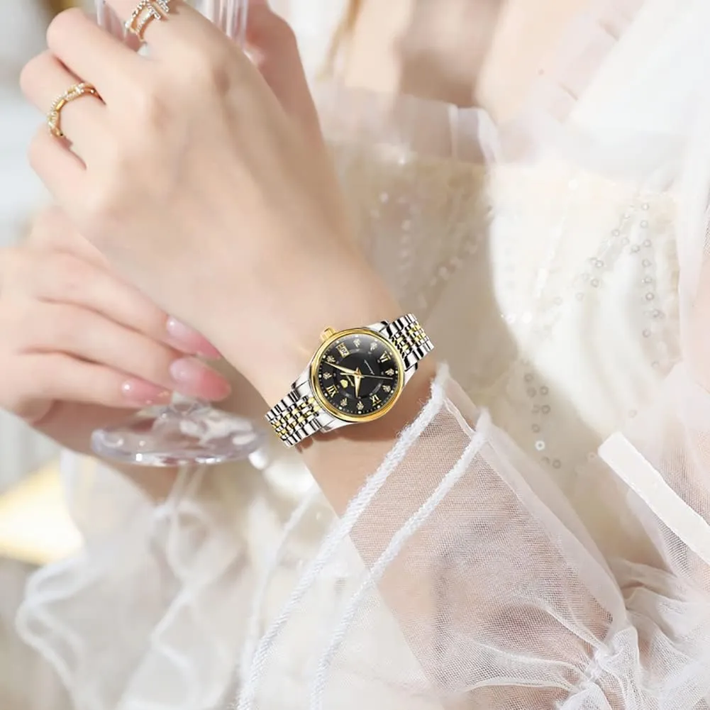 Women's Automatic Watch Luxury rank tenfold flesh tint ideological Diamond Self Winding Dress Wrist Watch Moon Phase Stainless Steel Waterproof Luminous Blue dial ?? OLEVS 