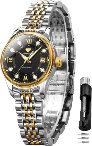 Women's Automatic Watch Luxury rank tenfold flesh tint ideological Diamond Self Winding Dress Wrist Watch Moon Phase Stainless Steel Waterproof Luminous Blue dial ?? OLEVS 