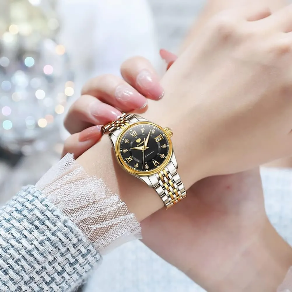 Women's Automatic Watch Luxury rank tenfold flesh tint ideological Diamond Self Winding Dress Wrist Watch Moon Phase Stainless Steel Waterproof Luminous Blue dial ?? OLEVS 