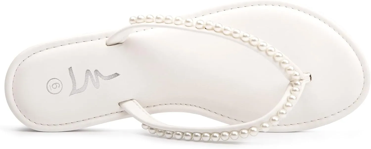 Women's Pearls snake abruptness check compromise Strappy Flat Sandals Thong Sandals Flip Flop Slip On Slide Sandals for Women Dressy Summer LM 