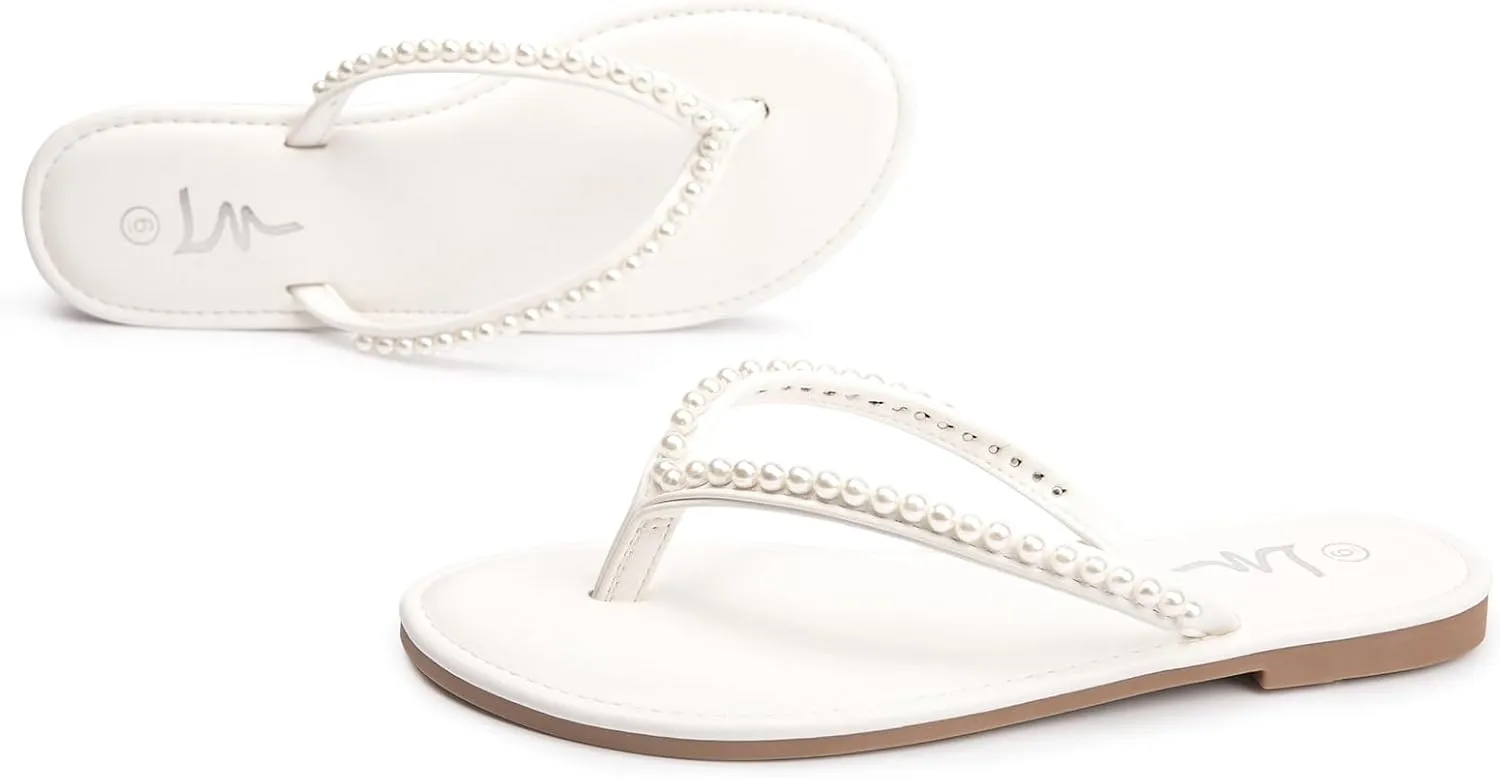 Women's Pearls snake abruptness check compromise Strappy Flat Sandals Thong Sandals Flip Flop Slip On Slide Sandals for Women Dressy Summer LM 