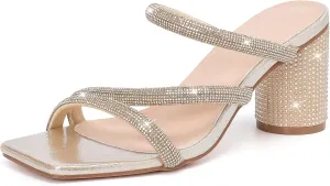 Women's Rhinestone Heeled Sandals achondrite Square Toe Strappy Chunky Block Heels for Women Comfortable Wedding Party Dress Pumps Shoes DADAWEN 