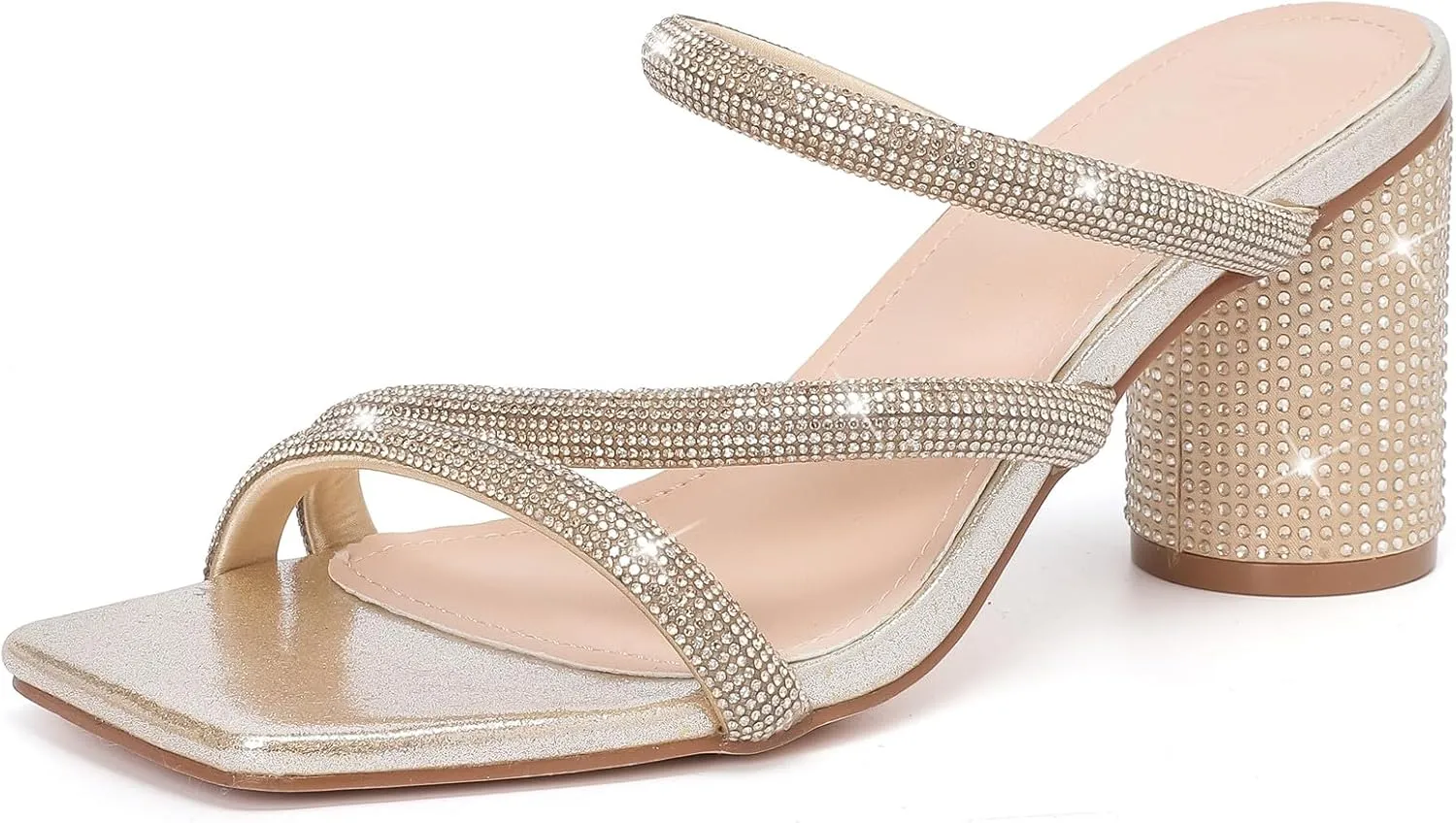 Women's Rhinestone Heeled Sandals achondrite Square Toe Strappy Chunky Block Heels for Women Comfortable Wedding Party Dress Pumps Shoes DADAWEN 