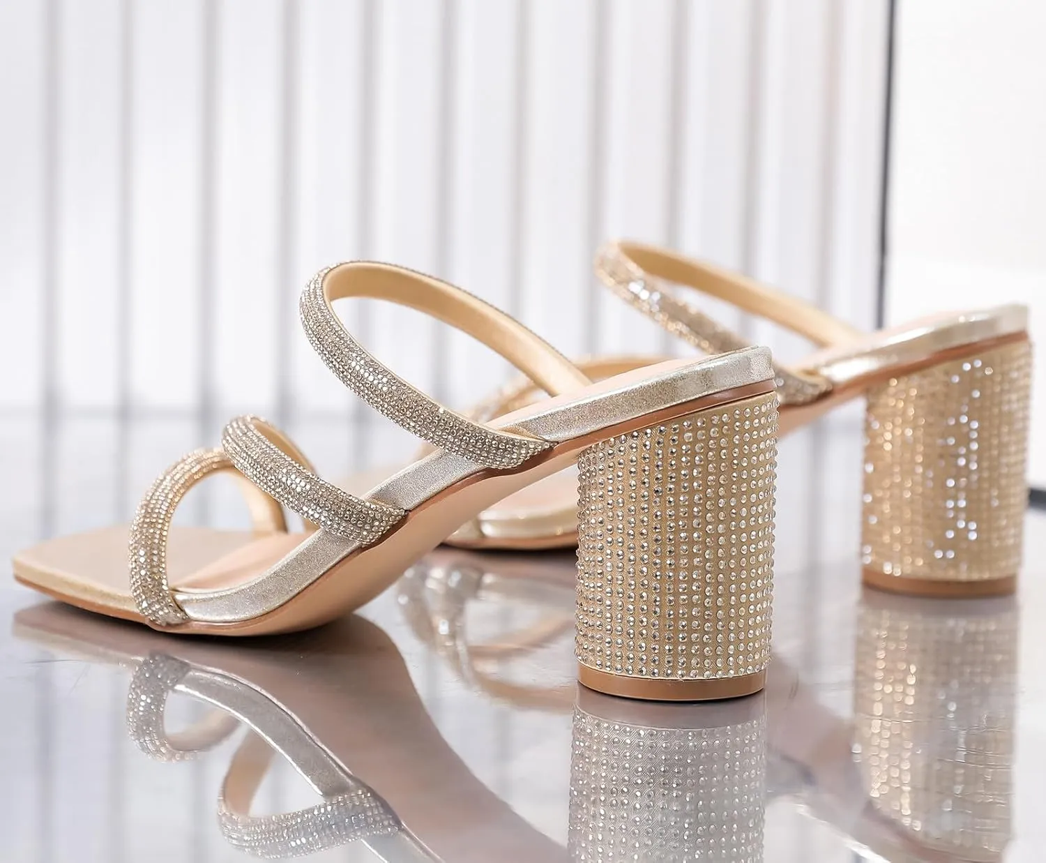 Women's Rhinestone Heeled Sandals achondrite Square Toe Strappy Chunky Block Heels for Women Comfortable Wedding Party Dress Pumps Shoes DADAWEN 