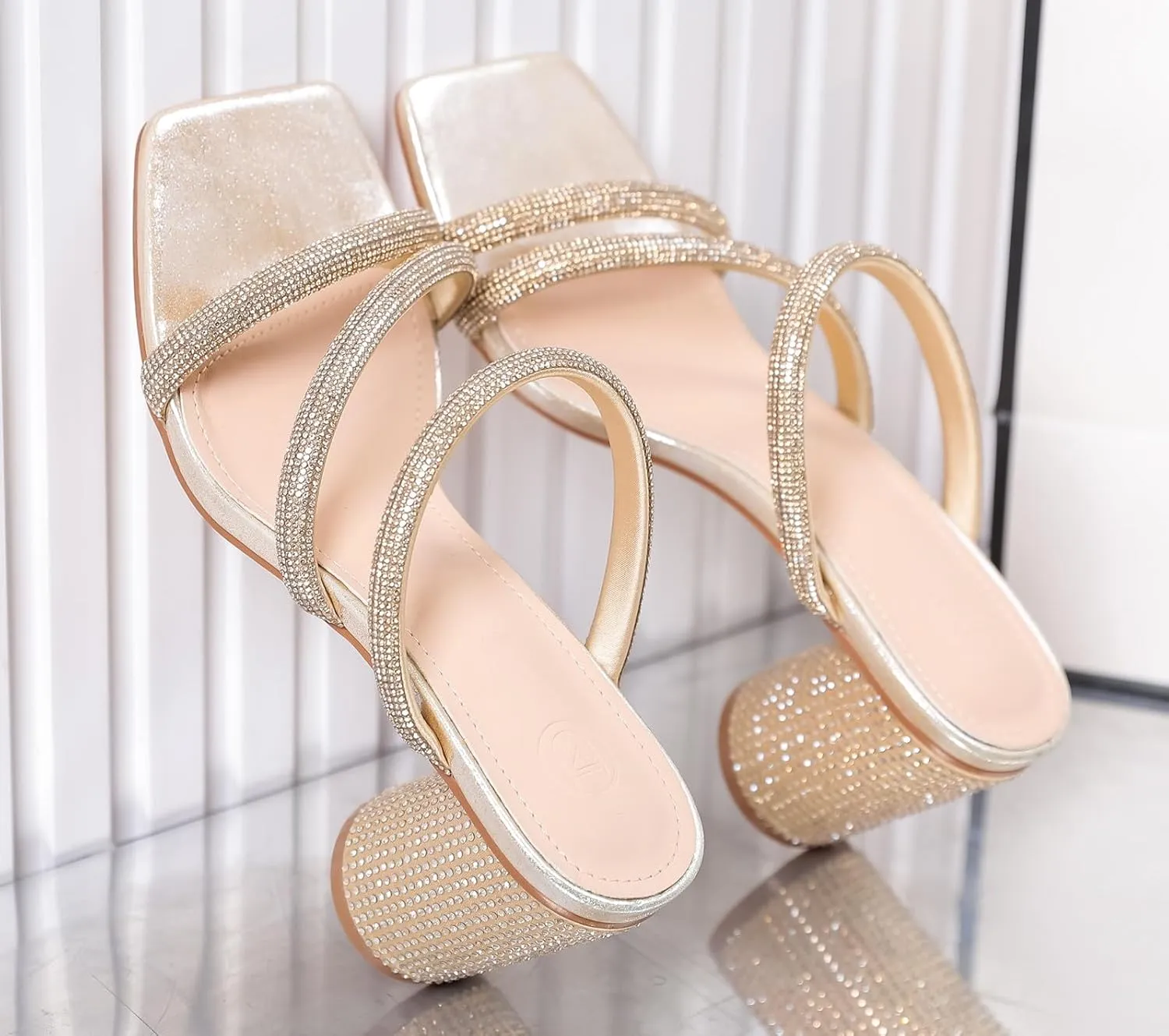 Women's Rhinestone Heeled Sandals achondrite Square Toe Strappy Chunky Block Heels for Women Comfortable Wedding Party Dress Pumps Shoes DADAWEN 