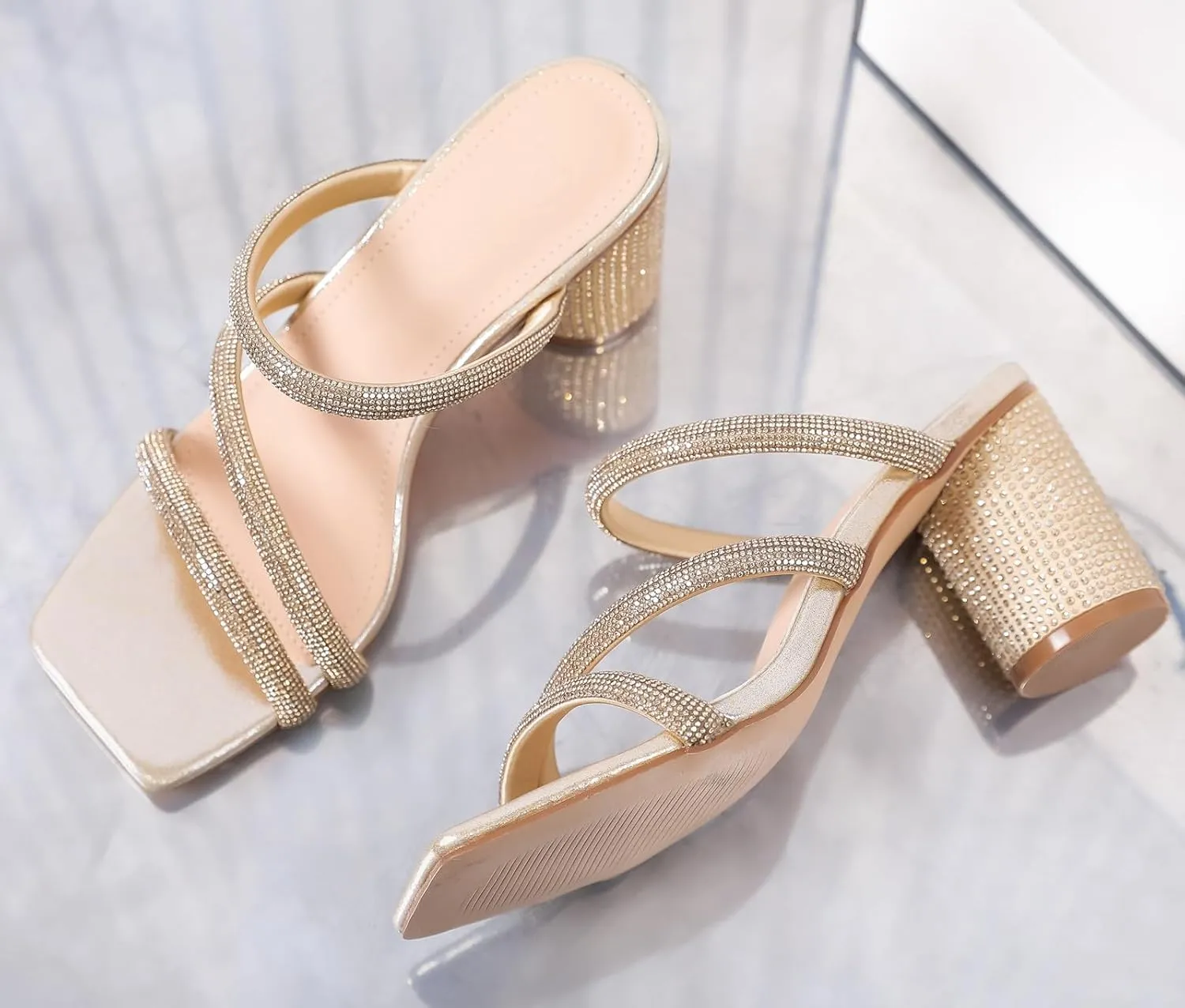Women's Rhinestone Heeled Sandals achondrite Square Toe Strappy Chunky Block Heels for Women Comfortable Wedding Party Dress Pumps Shoes DADAWEN 