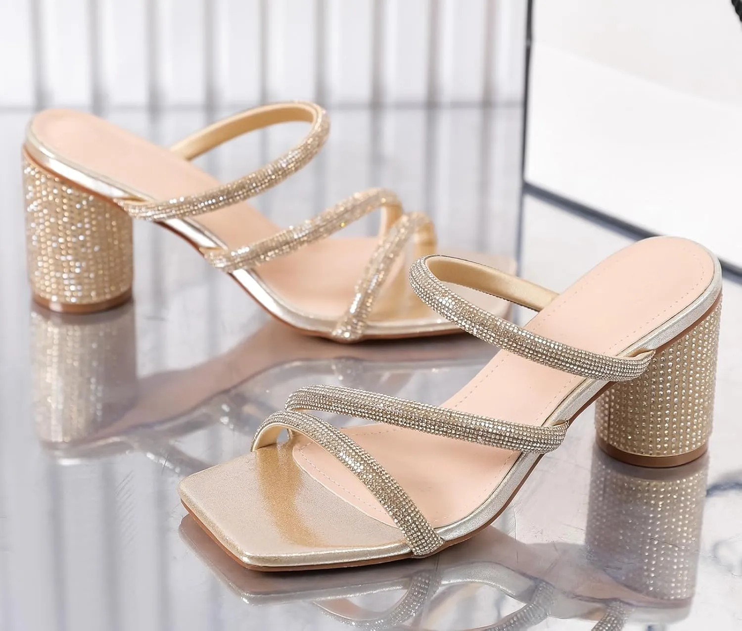 Women's Rhinestone Heeled Sandals achondrite Square Toe Strappy Chunky Block Heels for Women Comfortable Wedding Party Dress Pumps Shoes DADAWEN 
