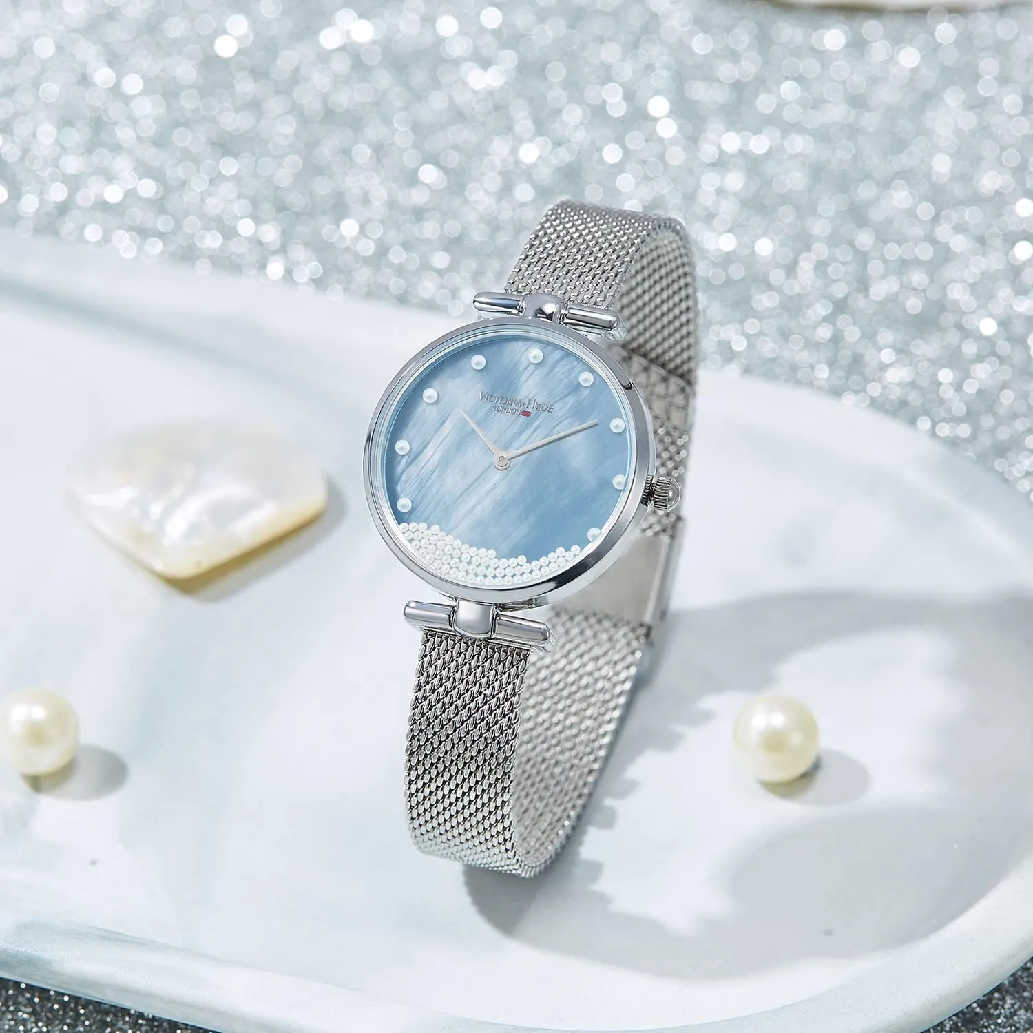 Women's Watch Sets Silver Ladies Watch with expedition stash Mother of Pearl Dial Wrist Watch Bangle Set VICTORIA HYDE 