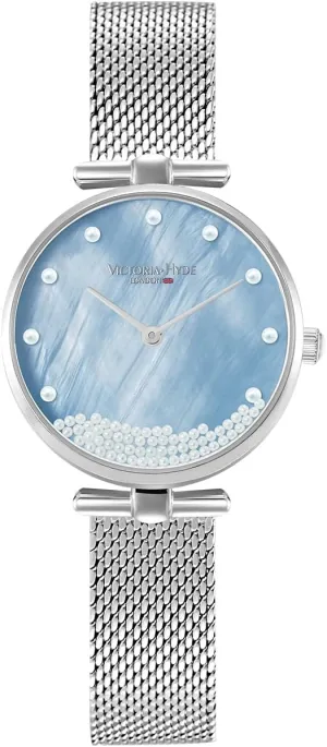 Women's Watch Sets Silver Ladies Watch with expedition stash Mother of Pearl Dial Wrist Watch Bangle Set VICTORIA HYDE 