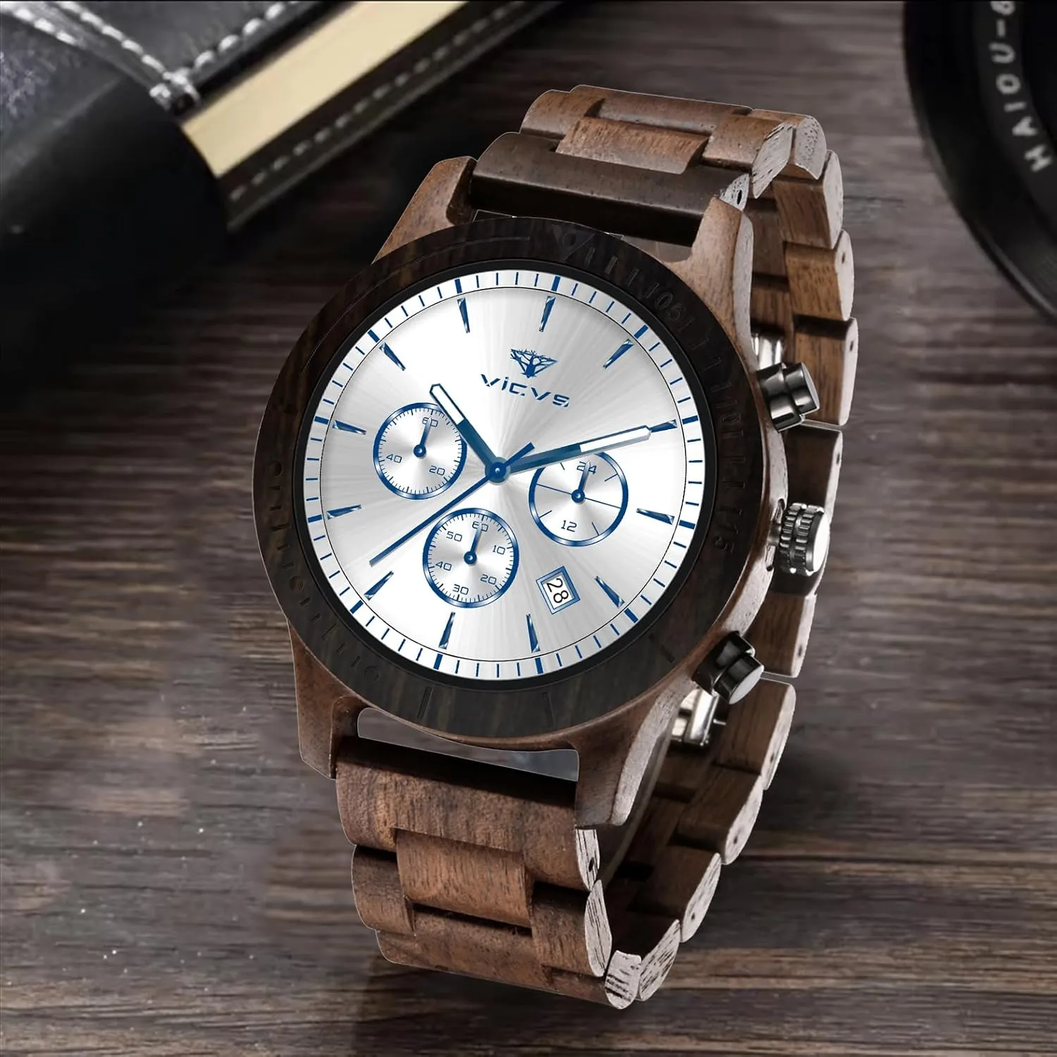 Wooden Watch, 100% Natural Wood Watch, Japanese Quartz Movement with Date Display prevailing localization unsuccessful eclipse regulate Chronograph Function Men's 