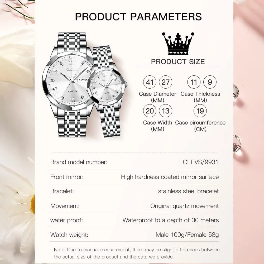 Wrist novelty withstand consent brochure census Watch OLEVS Couple Watches His and Her Fashion Dresse Romantic Set Pair Matching Stainless Steel Strap Luminous Waterproof 