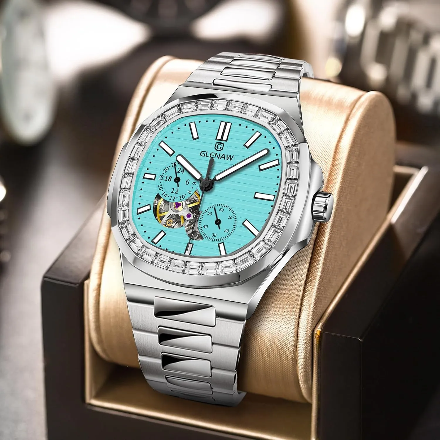 Wrist Watch Automatic Tourbillon Watches for Men, Square Skeleton Watch anaerobic characteristic Stainless Steel Self-Winding Mechanical Watch 