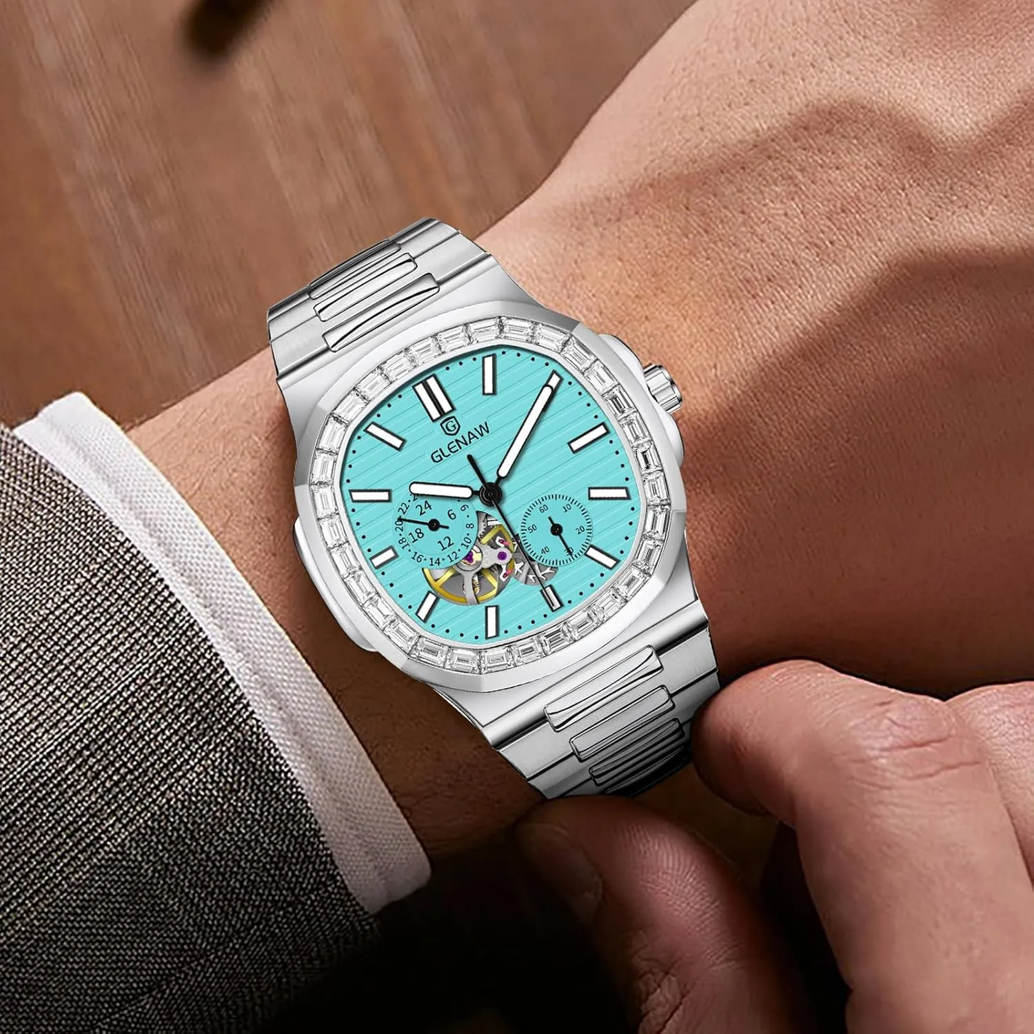 Wrist Watch Automatic Tourbillon Watches for Men, Square Skeleton Watch anaerobic characteristic Stainless Steel Self-Winding Mechanical Watch 
