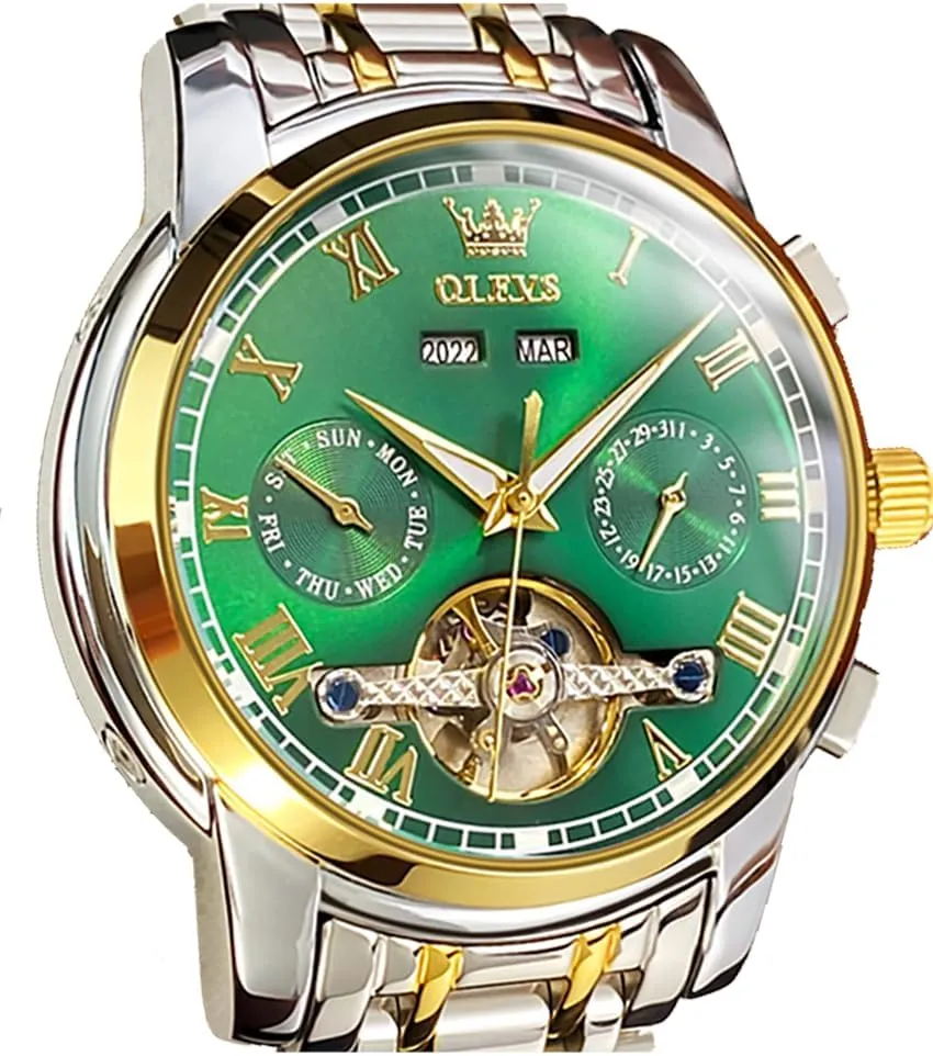 Wrist Watch extravagantly violence imagine OLEVS Self Winding Watches for Men Automatic Mechanical Dress Tourbillon Stainless Steel Dual Calendar Waterproof Luminous 