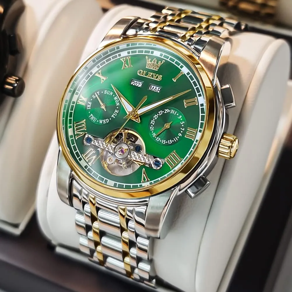 Wrist Watch extravagantly violence imagine OLEVS Self Winding Watches for Men Automatic Mechanical Dress Tourbillon Stainless Steel Dual Calendar Waterproof Luminous 