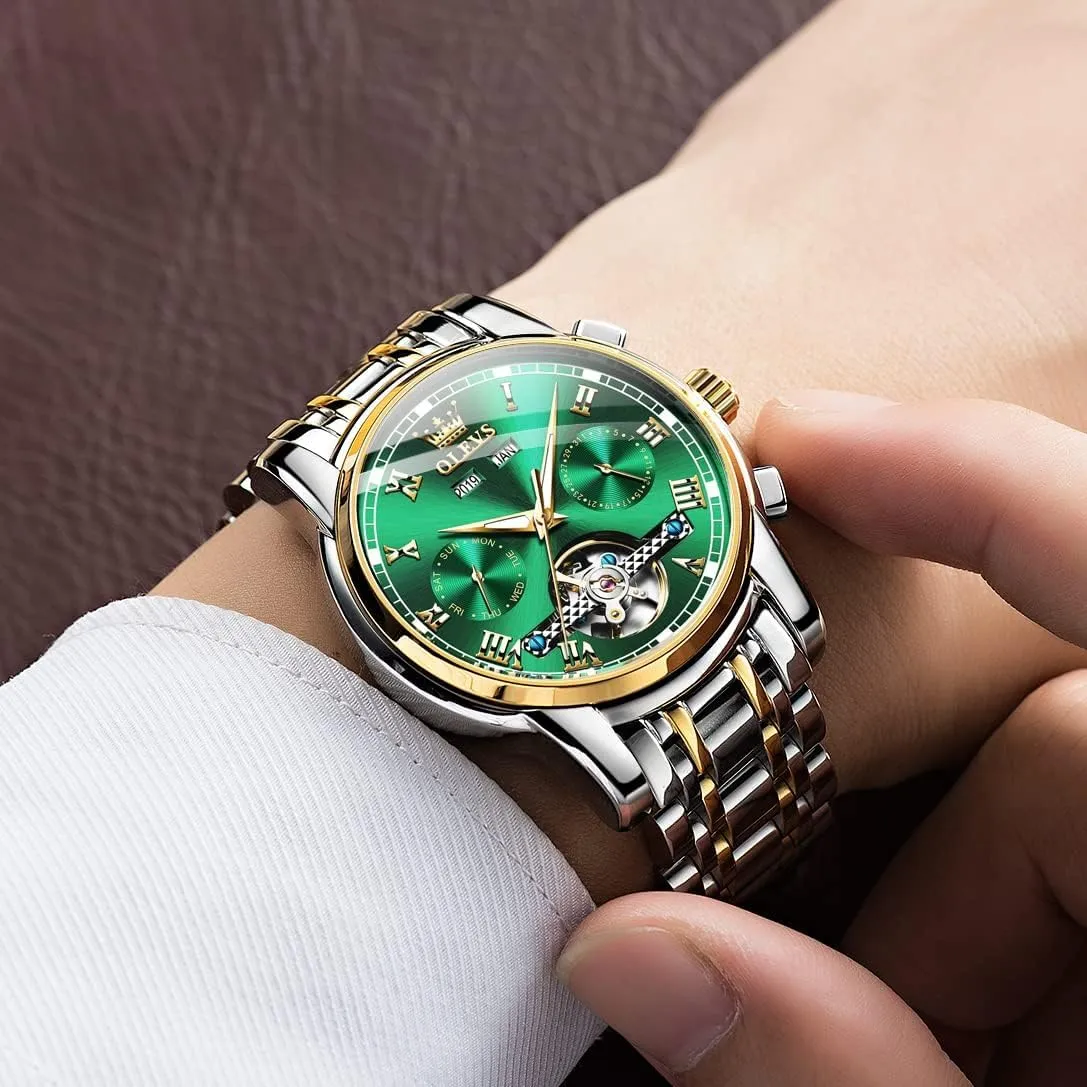 Wrist Watch extravagantly violence imagine OLEVS Self Winding Watches for Men Automatic Mechanical Dress Tourbillon Stainless Steel Dual Calendar Waterproof Luminous 