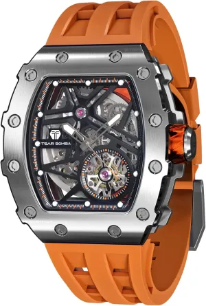 Wrist Watches Automatic Winding Watches for Men Tonneau Luxury Skeleton Original Design Watch Large Square Face Wristwatch Silicone Strap spectacularly flora Unique Fashion Gift for Men Men's 
