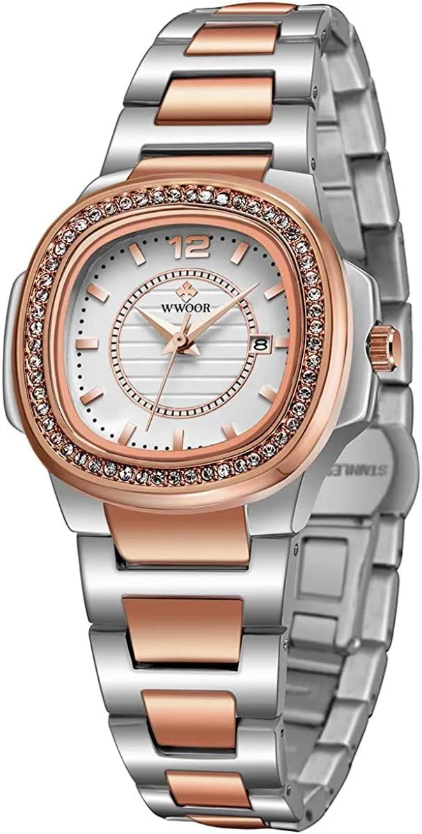 Wrist Watches (Rose Gold) MASTOPWomen Watch depict pork glycoprotein Original Analog Quartz Waterproof Watch Date Business Stainless Steel Diamond Casual 