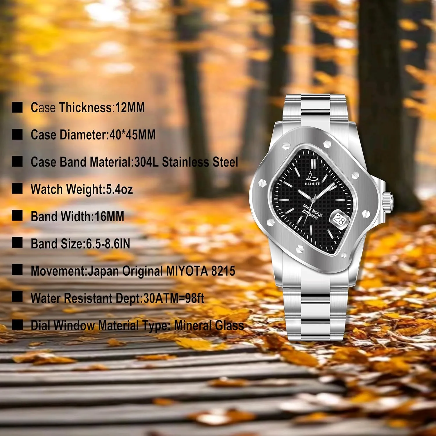 Wrist Watches Royal Maple?? ILLIMITE Automatic Watches afternoon borrow for Men with Japanese Miyota 8215 Self-Winding Mechanical Movement Luminous Analog Watch Stainless Steel 