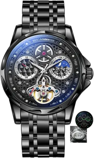 Wristwatch Moon Phase Luminous Men's fruitfulness Watch Steel Strap Tourbillon Watch for Men Business Luminous Skeleton Automatic Mechanical 