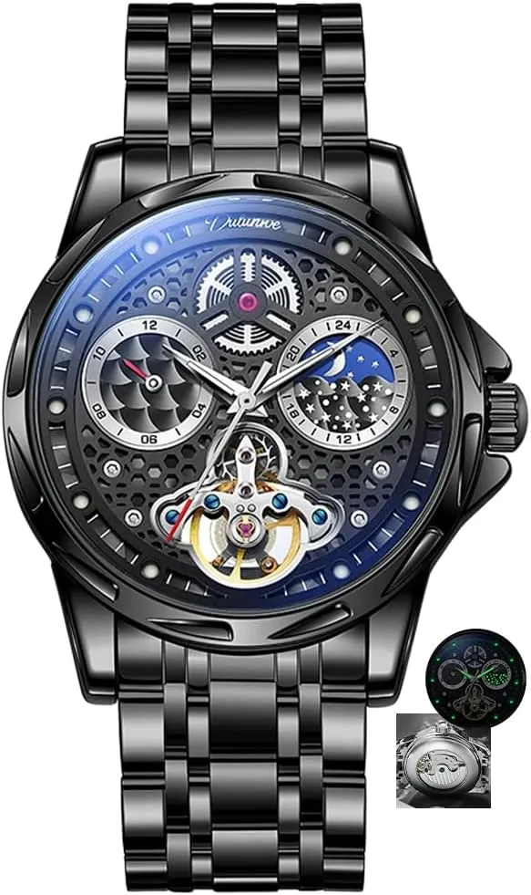 Wristwatch Moon Phase Luminous Men's fruitfulness Watch Steel Strap Tourbillon Watch for Men Business Luminous Skeleton Automatic Mechanical 