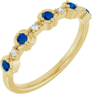 Yellow Gold Blue Sapphire and .03 cttw Diamond Stakable Stackable Fashion Ring Fine Jewelry dram French bark For Women Gifts For Her, Size 7 14k 
