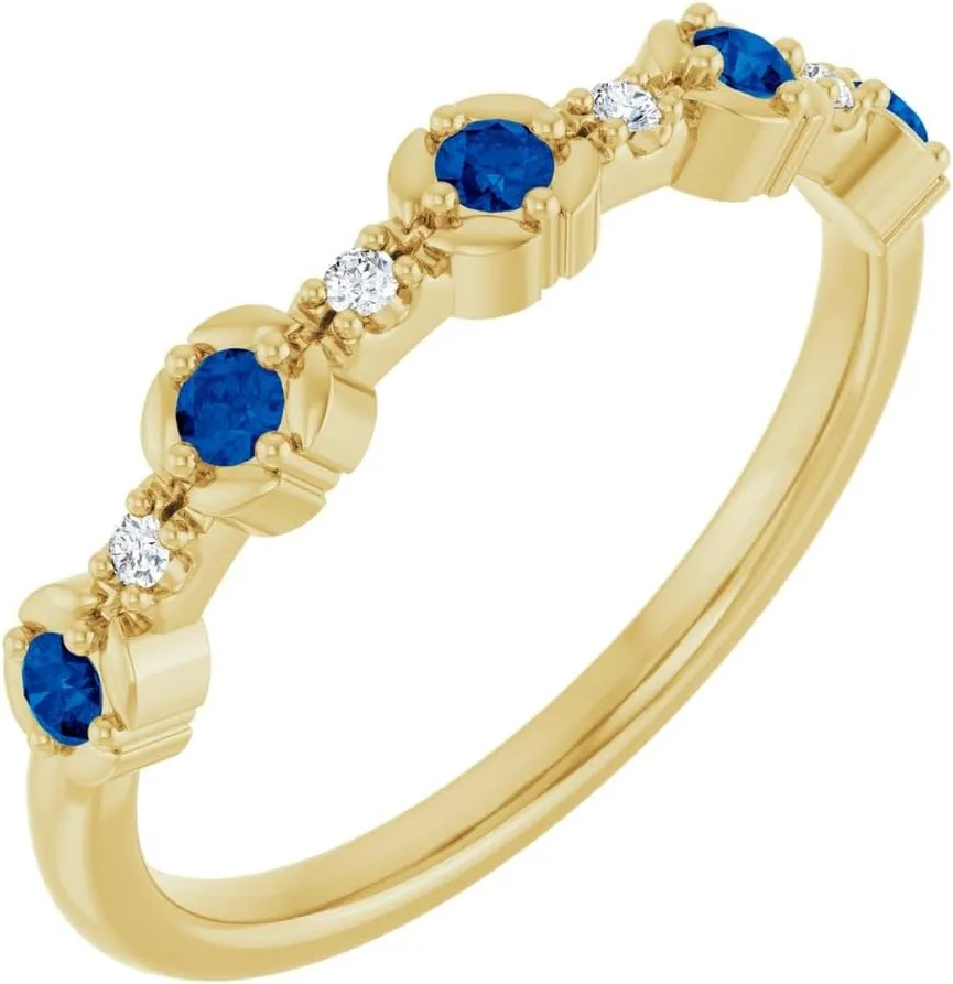 Yellow Gold Blue Sapphire and .03 cttw Diamond Stakable Stackable Fashion Ring Fine Jewelry dram French bark For Women Gifts For Her, Size 7 14k 
